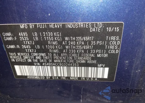 2016 Subaru Outback 2.5I Premium z USA, uszkodzony, nr VIN 4S4BSACC8G3244353